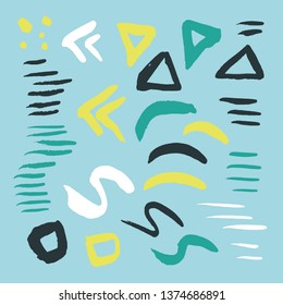 Vector bright collection of hand-drawn elements: drops, lines, splashes, points, brush strokes. Isolated on background. 