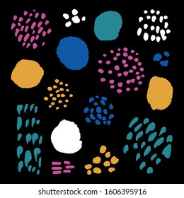 Vector bright collection of hand-drawn elements: drops, lines, splashes, points, brush strokes. Isolated on background. 