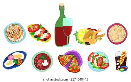 Vector bright collection of various tasty plate on white background.
Pasta, caprese salad, bottle of red wine, frog legs, pancakes, fried egg, borsch soup, pizza, corn dog with cola.