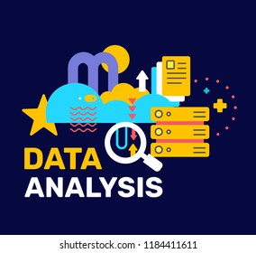 Vector bright color abstract illustration with cloud, server and magnifier. Data analysis creative concept with text on black background. Flat style design for web, site, banner, poster, presentation