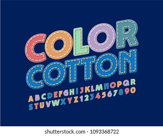 Vector Bright Color Cotton Font. Fabric Children Alphabet Set. Letters, Numbers And Punctuation Symbols