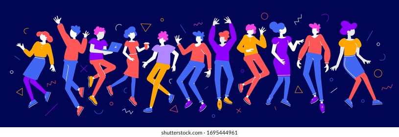 Vector bright color illustration of group of young happy dancing business people on dark background. Enjoy communication crowd of man and woman. Flat cartoon style design for web banner