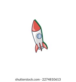 Vector bright color illustration with rocket. Exploration of space, satellites, planets. Single main object without background. Cartoon funny cute image for kids.