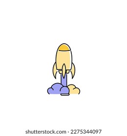 Vector bright color illustration with rocket. Exploration of space, satellites, planets. Single main object without background. Cartoon funny cute image for kids.