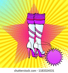 Vector bright colored background in Pop Art style. Illustration with female high boots on a platform. Retro comic style