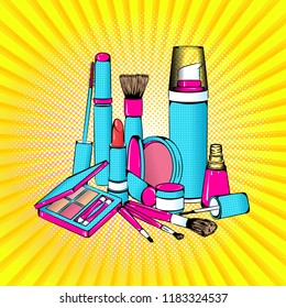 Vector bright colored background in Pop Art style. Illustration with decorative cosmetics. Retro comic style