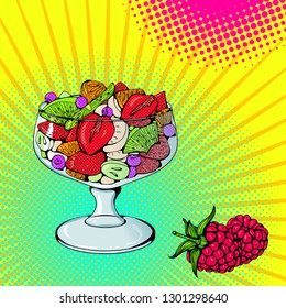 Vector bright colored background in Pop Art style. Illustration with fruit salad. Retro comic style