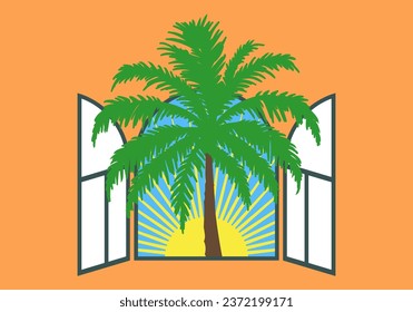 Vector bright colored cartoon landscape in the window. Green palm tree with radiant sun. Orange background. Emblem or sticker. South island nature. Hotel business.