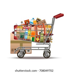 Vector bright colored metal shop cart with products and boxes