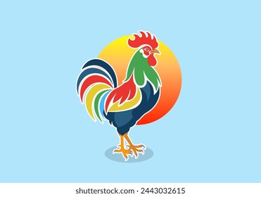 Vector bright colored rooster and sun. Good morning. Symbol of France. Sticker or emblem. Blue background.