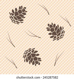 Vector bright colored seamless pattern with brown cones and little ace roses isolated on canvas background. Autumn design. Packaging paper texture. Present, gift. Wallpaper, backdrop, textile sample.