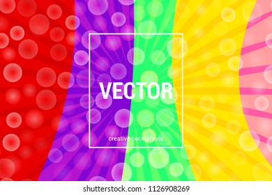 Vector bright colorful background with bokeh circles and rays in trendy colors.