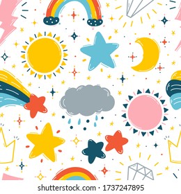 Vector Bright Colorful Background with Cute Weather and Celestial bodies: Rainbow, Sun, Stars, Clouds, Moon and Jewels. Sky and Space Seamless pattern for Kids Fashion, Nursery, Baby Shower design