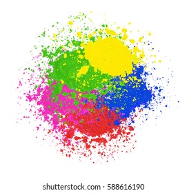 Vector bright colorful banner with powder splashes. Colorful Happy Holi background. Abstract Holi powder texture. Rainbow colored banner design.