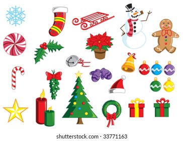 Vector - A bright, colorful collection of Christmas images. Each item is on a separate layer. Use individually or mix and match to create your own groups!