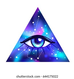 Vector bright colorful cosmos illustration. Abstract cosmic background with stars. Hand-drawn Eye of Providence. Alchemy, religion, spirituality, occultism, tattoo art. Conspiracy theory.