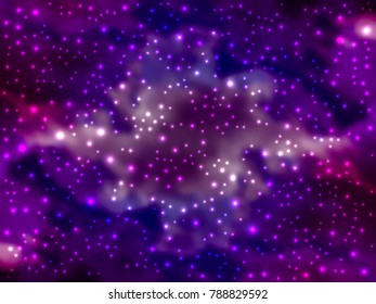 Vector bright colorful cosmos illustration. Bright shining Universe with flickering stars. Novel, mysterious deep space. Abstract cosmic background with stars