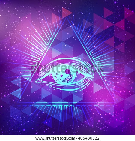 Vector bright colorful cosmos illustration. Abstract cosmic background with stars. Hand-drawn Eye of Providence. Alchemy, religion, spirituality, occultism, tattoo art. Conspiracy theory.
