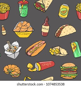 Vector bright colorful fast food pattern on a gray background