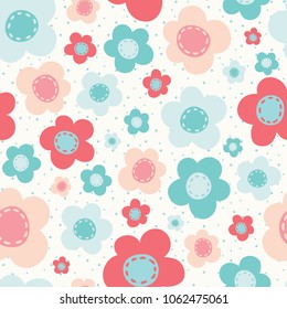 Vector Bright Colorful Flowers Pink Blue White Seamless Pattern Background. Perfect for fabric, scrap booking, kids' rooms, spring, and home decor projects.