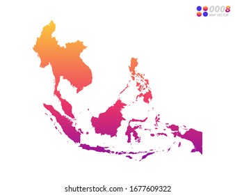 Gradiente de color brillante vectorial en el mapa del sudeste asiático sobre fondo blanco. Organizado en capas para una edición sencilla.