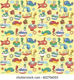 Vector Bright Colorful Illustration Seamless Pattern Of the Sea / Ocean/ Air World In Childish Cartoon Doodle Style