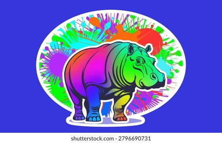 Vector bright colorful iridescent powerful hippopotamus. Paint blots and splashes. Abstract sticker. Art object. Design. Rainbow decal. Contrast and color. Protect and save wildlife. Exotic animal