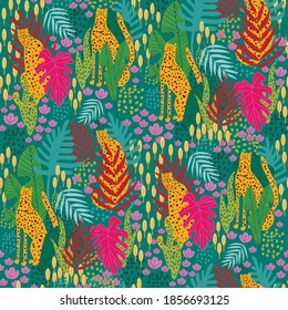 Vector bright colorful jungle pattern. Sleepy cheetahs