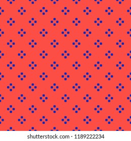Vector bright colorful minimalist geometric seamless pattern with small circles, squares, dots. Simple red and blue texture. Retro 1980-1990's fashion background. Repeat design for decor, prints, wrap