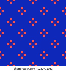 Vector bright colorful minimalist geometric seamless pattern with circles, squares, dots. Simple funky style texture. Electric blue and red background. Minimal repeatable design for decor, wrapping