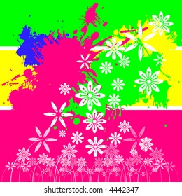 Vector - Bright and colorful paint splashes and floral background.