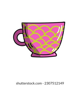 Vector bright colorful pink doodle style mug with geometric elements. 