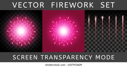 Vector Bright Colorful Red Firework isolated on dark transparent background and example on red. Salute using Screen transparency mode. Constructor of fireworks from the flash and set of tails