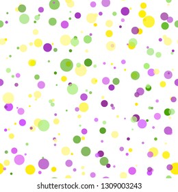 Vector Bright Colorful scattered seamless paper confetti on white background. Falling particles for Carnival, Mardi Gras, Holiday decoration. Mardi Gras confetti in green, yellow, purple violet. 