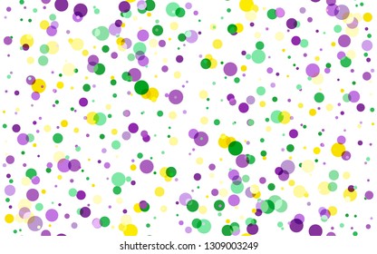 Vector Bright Colorful scattered seamless paper confetti on white background. Falling particles for Carnival, Mardi Gras, Holiday decoration. Mardi Gras confetti in green, yellow, purple violet. 