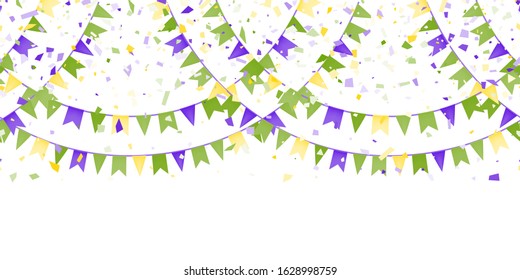 Vector Bright Colorful scattered seamless paper confetti border isolated on white background. Bright beads. Falling particles for Carnival, Mardi Gras, Holiday decoration. Vector illustration