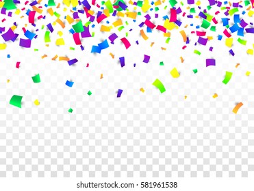 Vector Bright Colorful scattered seamless paper confetti border isolated on transparent white background. Falling gradient  particles for Carnival, Mardi Gras decoration.