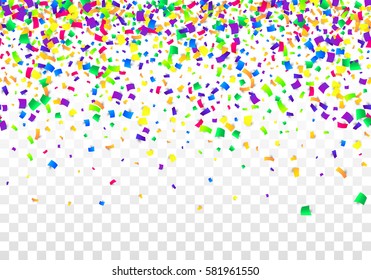 Vector Bright Colorful Scattered Seamless Paper Confetti Border Isolated On Transparent White Background. Falling Gradient  Particles For Carnival, Mardi Gras, Holiday Decoration.