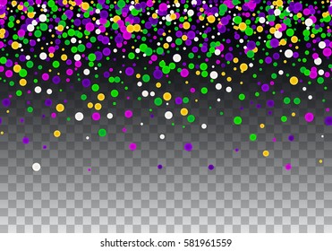 Vector Bright Colorful scattered seamless round confetti border isolated on transparent black background. Falling gradient  particles for Carnival, Mardi Gras decoration.