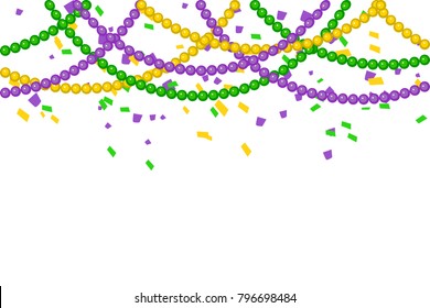 Vector Bright Colorful scattered seamless paper confetti border isolated on white background. Bright beads. Falling particles for Carnival, Mardi Gras, Holiday decoration.
