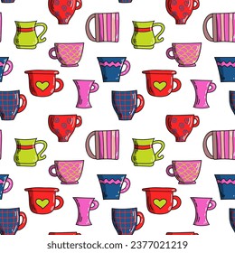 Vector bright colorful seamless pattern of mugs, lollipops and candy in doodle style