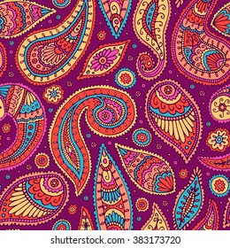 Vector bright colorful seamless pattern with stylized doodle hand drawn paisley 