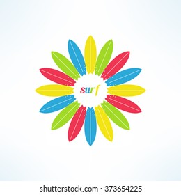 Vector bright and colorful surfing background made in modern flat design. Surfer tshirt print. Surfboards kaleidoscope 