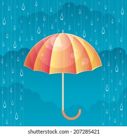 Vector bright colorful umbrella under the raindrops on blue cloudy background