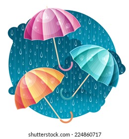 Vector bright colorful umbrellas under the raindrops
