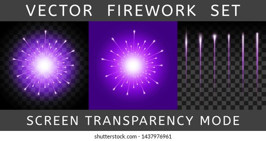 Vector Bright Colorful Violet Firework isolated on dark transparent background and example on violet. Salute using Screen transparency mode. Constructor of fireworks from the flash and set of tails