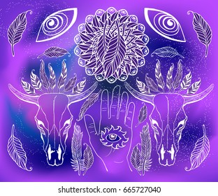 Vector bright colorful visionary illustration with Esoteric symbols. Purple cosmic background with cow sculls. Astrology, alchemy, boho and magic banner. 