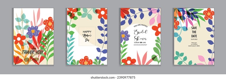 Vector bright and colorful  wedding cards, invitation template leaves, and flowers floral