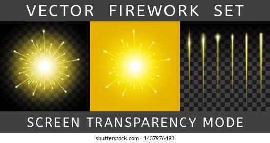 Vector Bright Colorful Yellow Firework isolated on dark transparent background and example on yellow. Salute using Screen transparency mode. Constructor of fireworks from the flash and set of tails