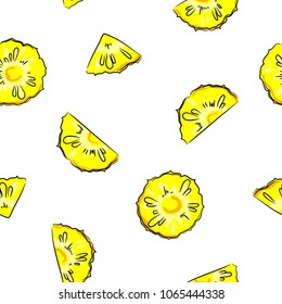 vector bright colorful yellow green pineapple fruit whole and slices  childish hand drawn set seamless pattern